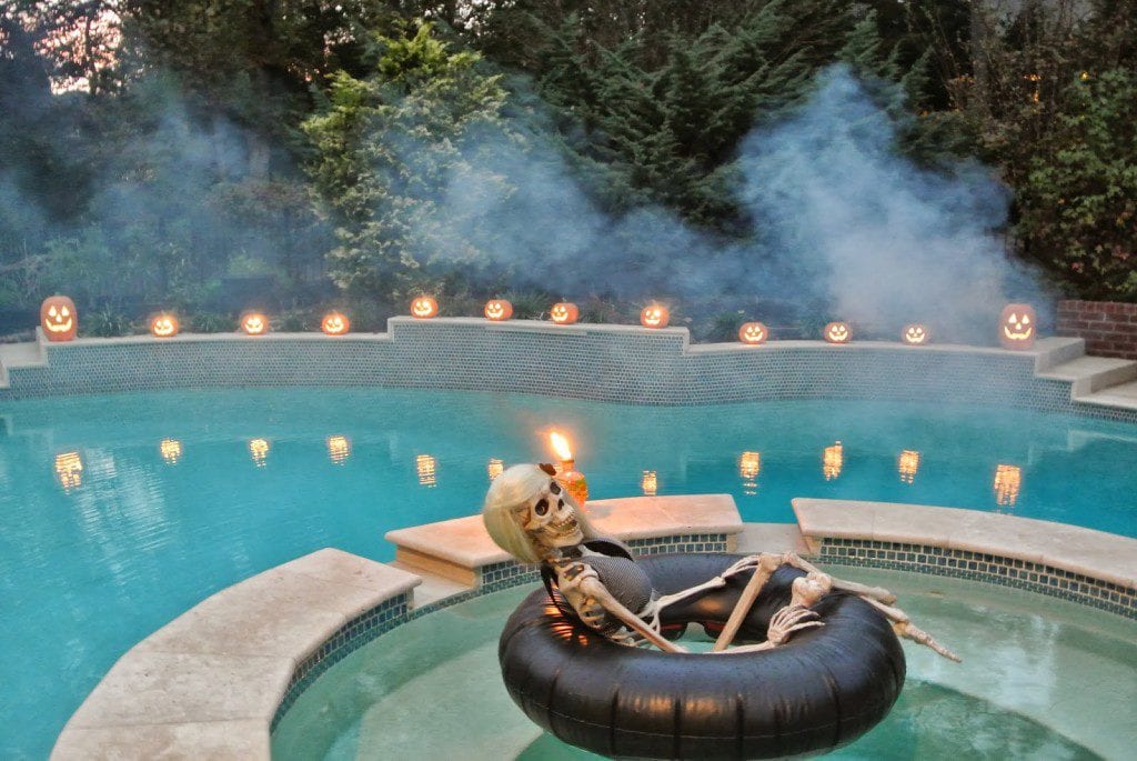 floating skeleton halloween pool party ideas