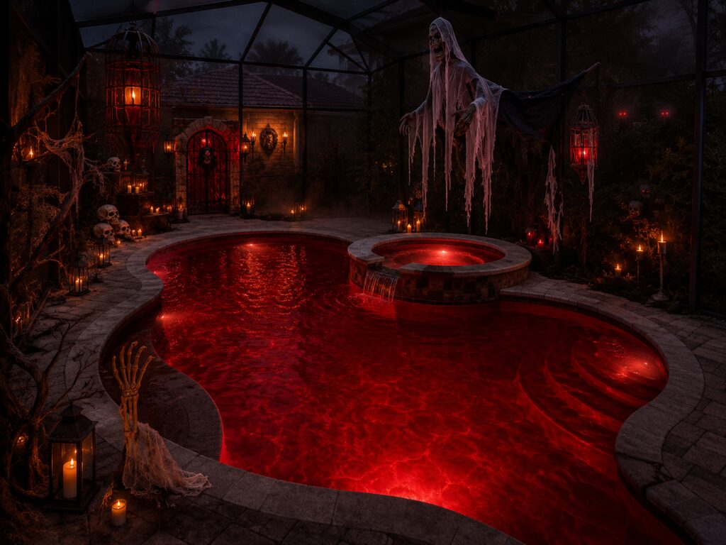 swimming pool dyed with Halloween pool party decorations