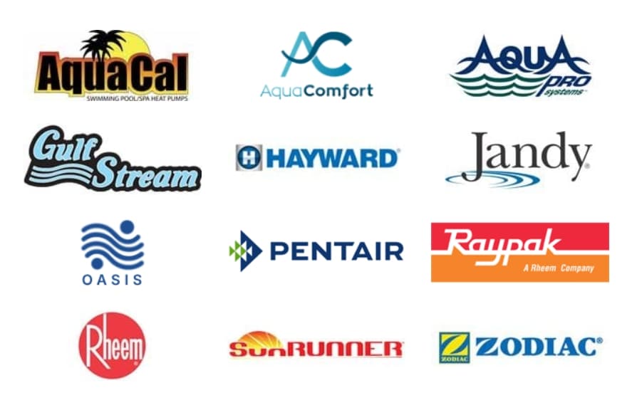 grid photo of pool heater brands including aquacal, aquacomfort, aquapro, gulfstream, hayward, jandy, oasis, pentair, raypak, rheem, sunrunner, and zodiac