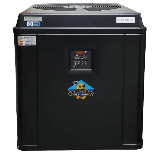 Image of a black Oasis heat pump pool heater