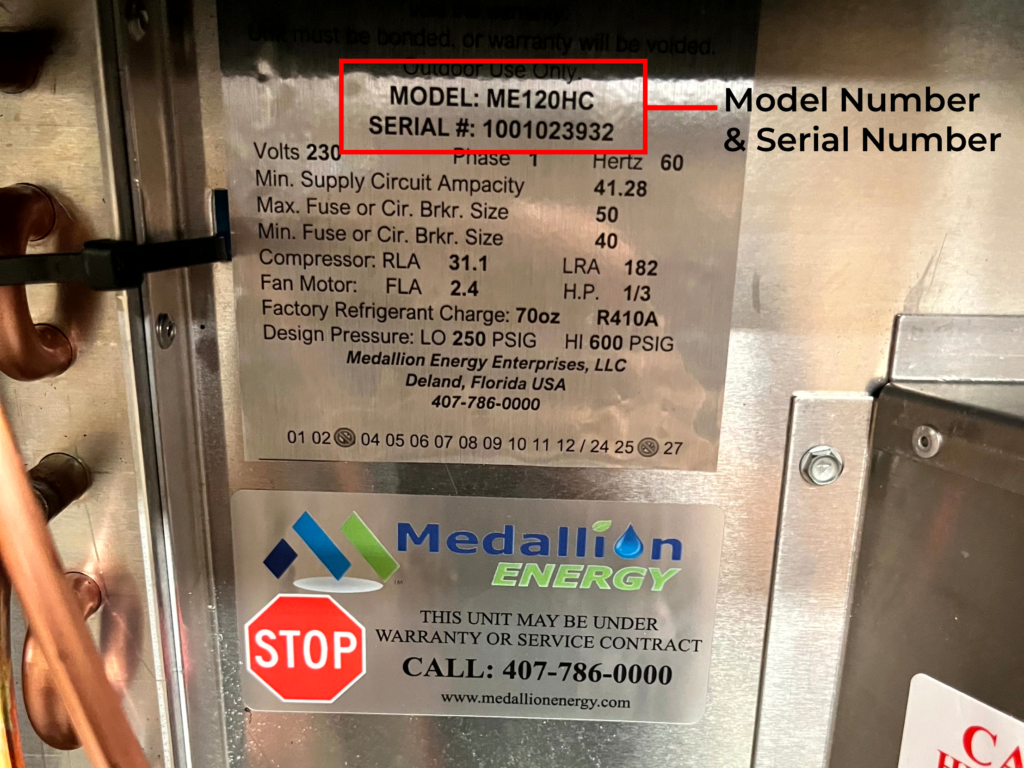 interior location of Oasis pool heater serial number and model number
