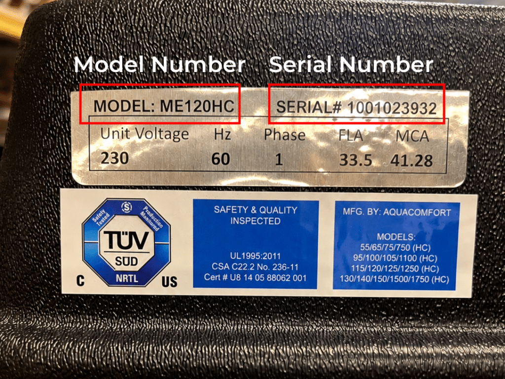 Serial number and model number on the Oasis heat pump pool heater